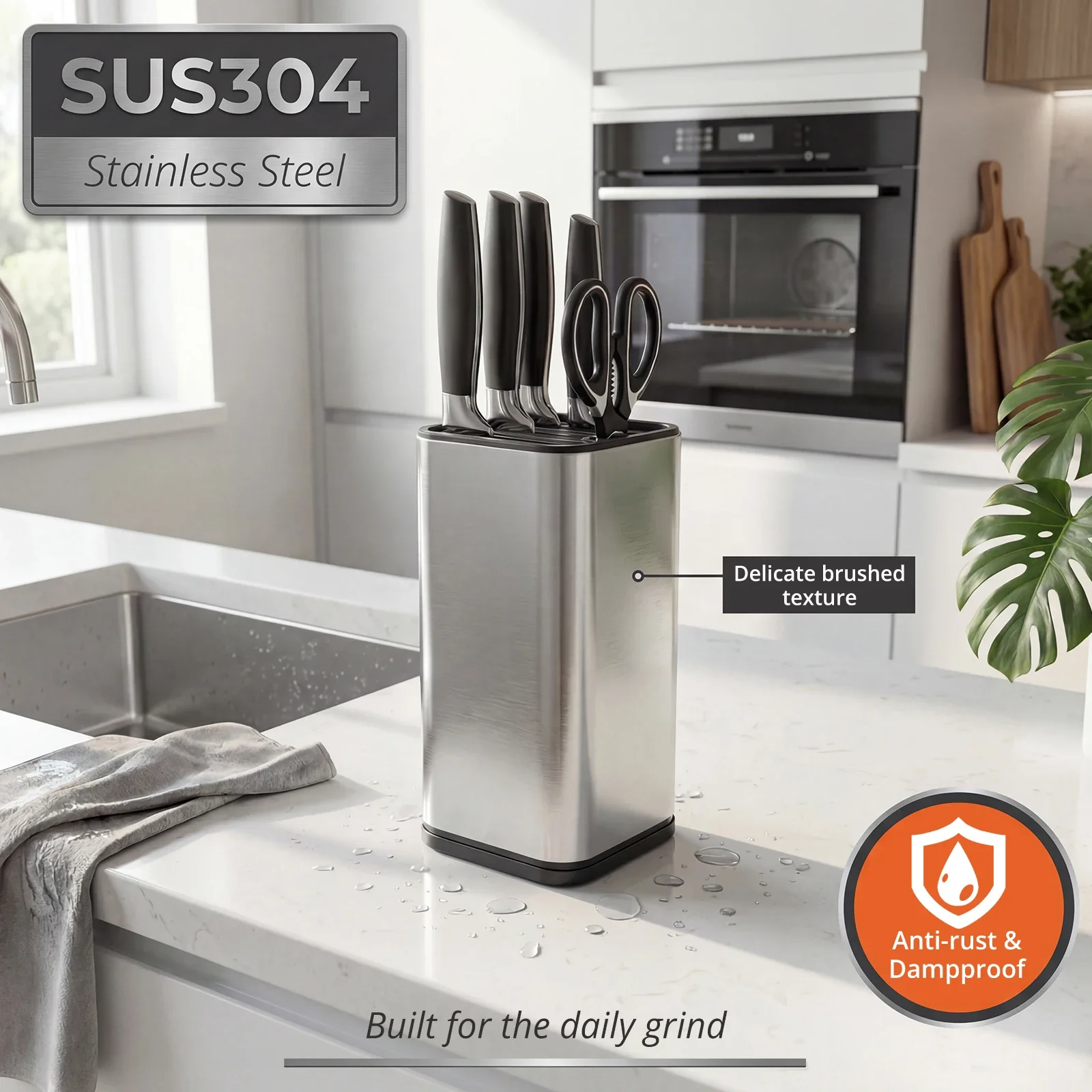 Stainless Steel Standing Knife Holder Metal Kitchen Storage Rack with Slots and Detachable Base Countertop Scissors Organizer