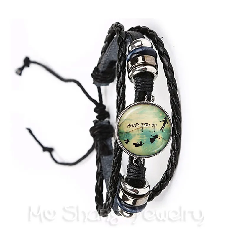 Pulsera de dibujos animados de Peter Pan, brazalete de cuero negro/marrón para hombres, mujeres y niños, Never Grow Up, Neverland, The Lost, niños y niñas