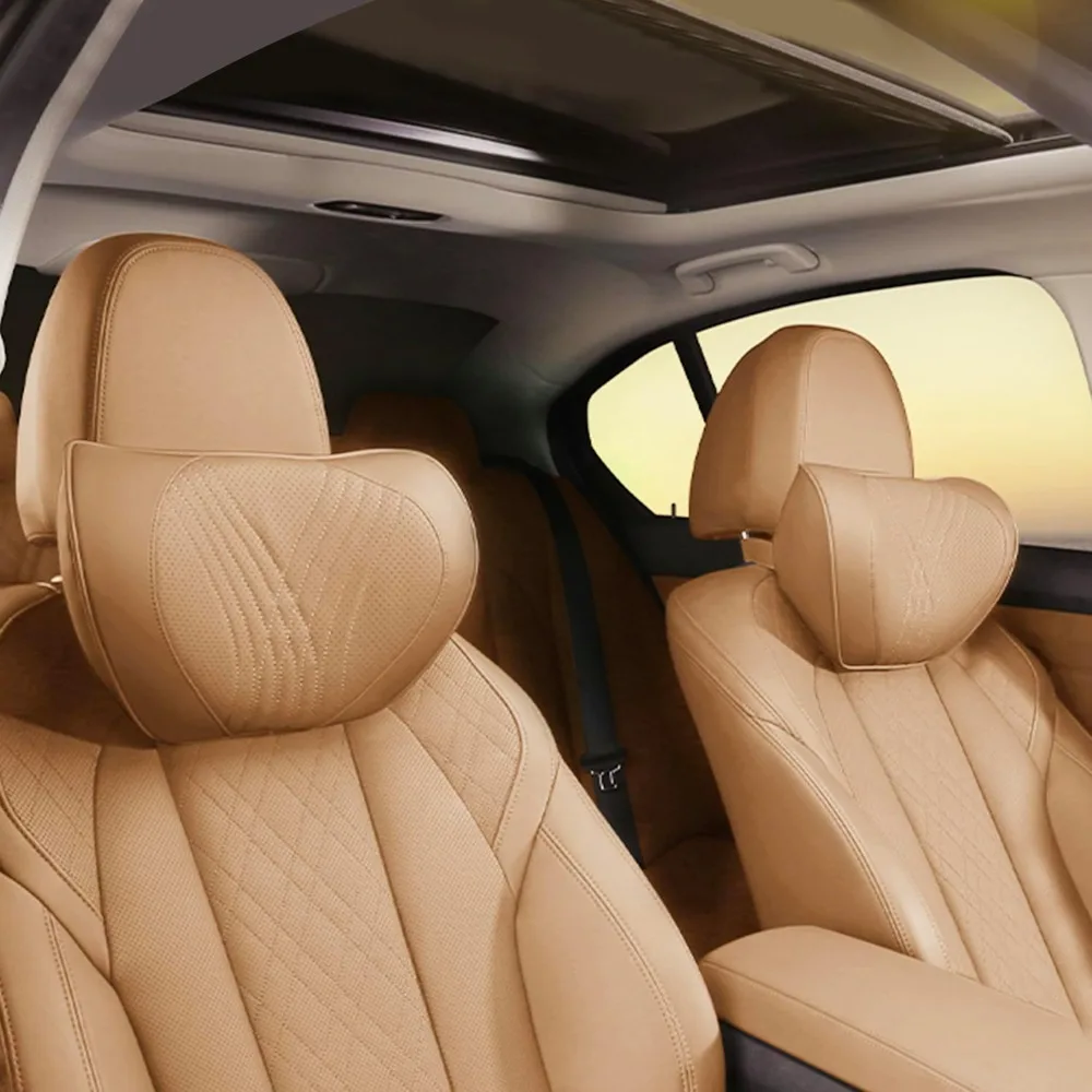 

Car Neck Pillow Memory Foam Premium Leather Headrest Neck Support Cushion Universal for Driving Home Office, Palomino Brown,2PC