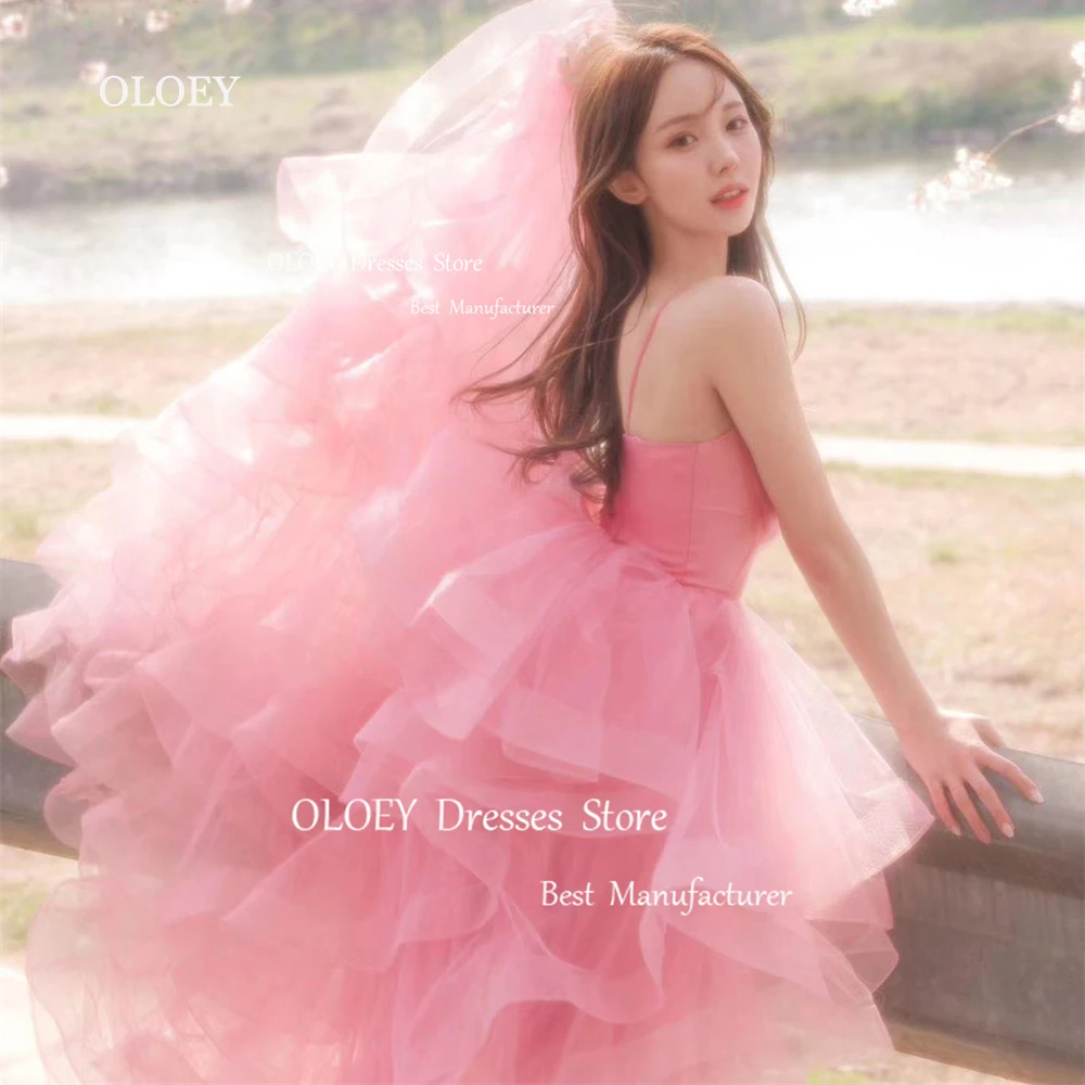 

OLOEY Fairy Pink Tulle Long Wedding Dress Korea Evening Gowns Ruffles Spaghetti Straps Floor Length Garden Prom Gowns