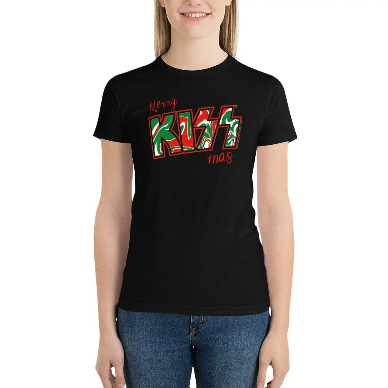 Merry Kiss-Mas Christmas Kiss The Band Logo Red Dark T-Shirt cute tops shirts graphic tees t shirts for Womens