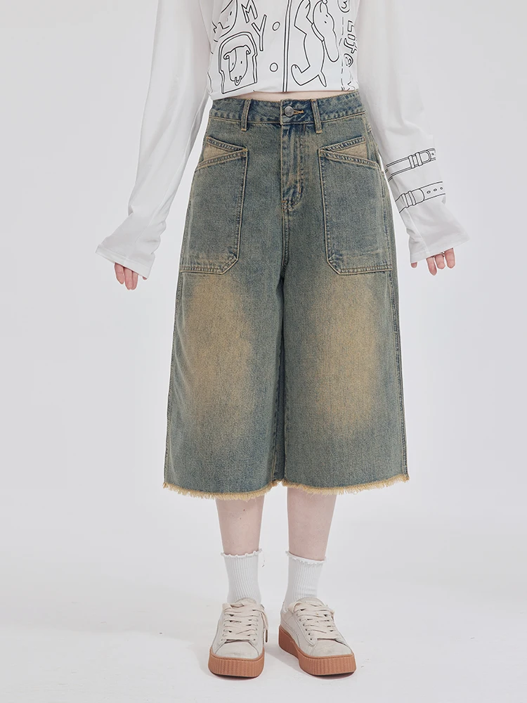 

OoofYang Women's Loose Fit High Waist Cotton Denim 7/8 Length Pants Summer Vintage Pocket Design Wide Leg Trousers