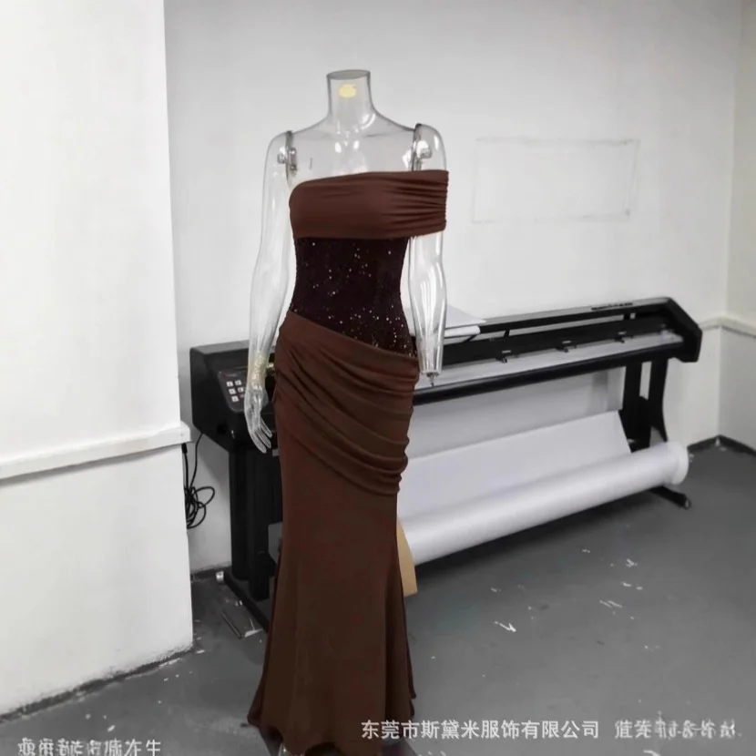 Strapless een schouder zeemeermin lange jurk elegante ruches fishtail jurk voor vrouwen bruidsmeisjes prom avond bruiloft feest chic