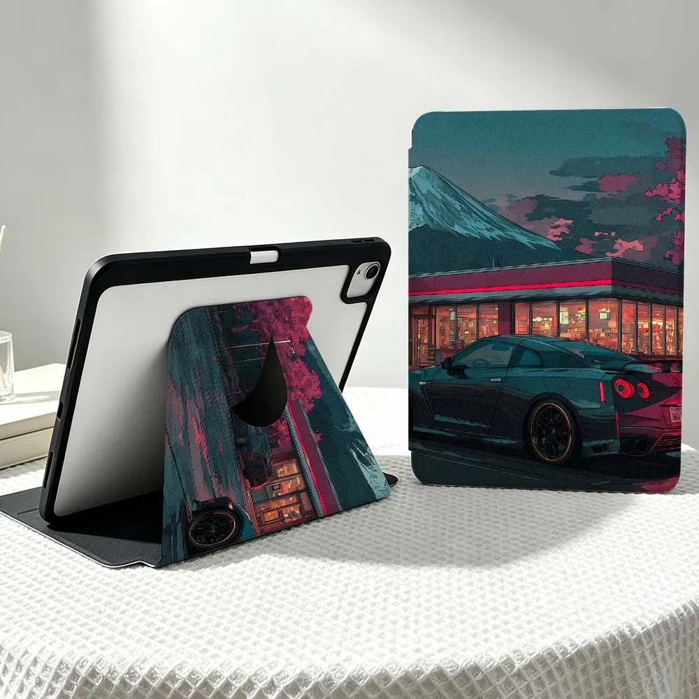 Japan Street Mountain For iPad Pro Air 12.9 13 inch M2 M3 M4 M5 5th 6th 360° Rotation Stylus Storage Tablet Protection Case