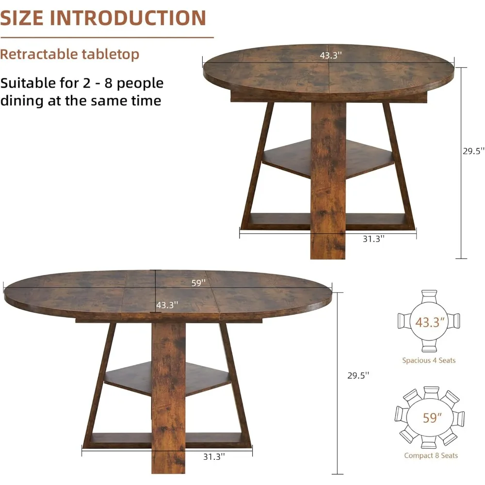 Extendable Dining Table for 4-8, Mid Century Modern Round & Oval Table with Hidden Leaves Space-Saving, Cross Base
