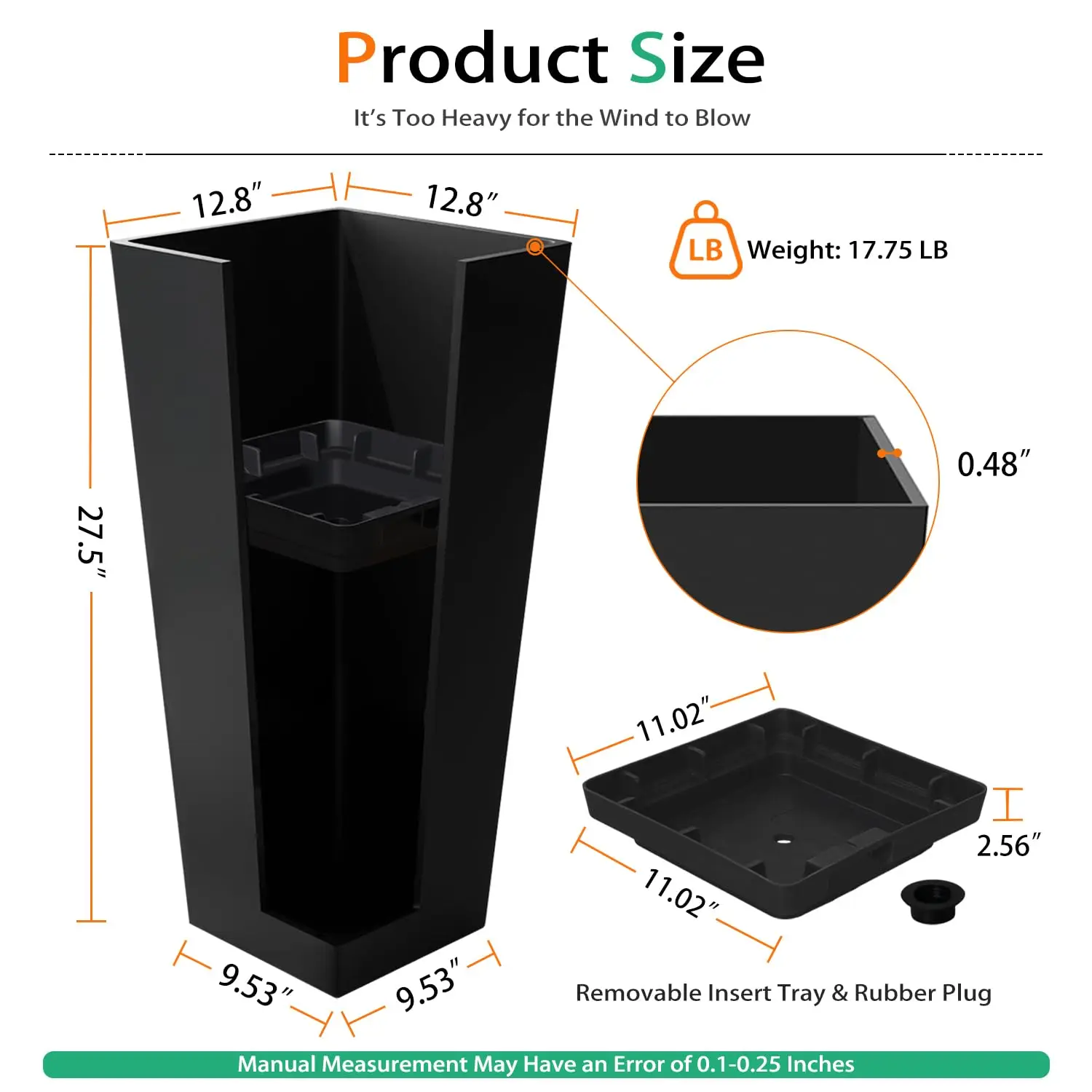 Tall Planters for Outdoor Plants, Large Resin Flower Pots for Garden, Front Porch, Patio, Indoor - Set of 2 (Black, 28 inch - 2