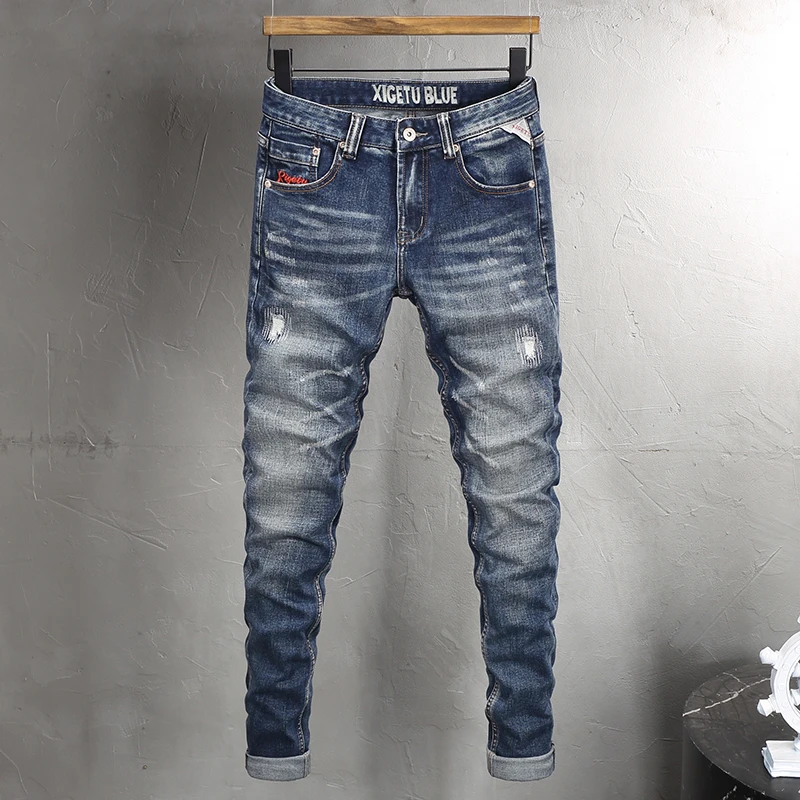 

Italian street fashion men's blue jeans elastic slim fit ripple scratch embroidered jeans men's designer hip-hop denim pants hom