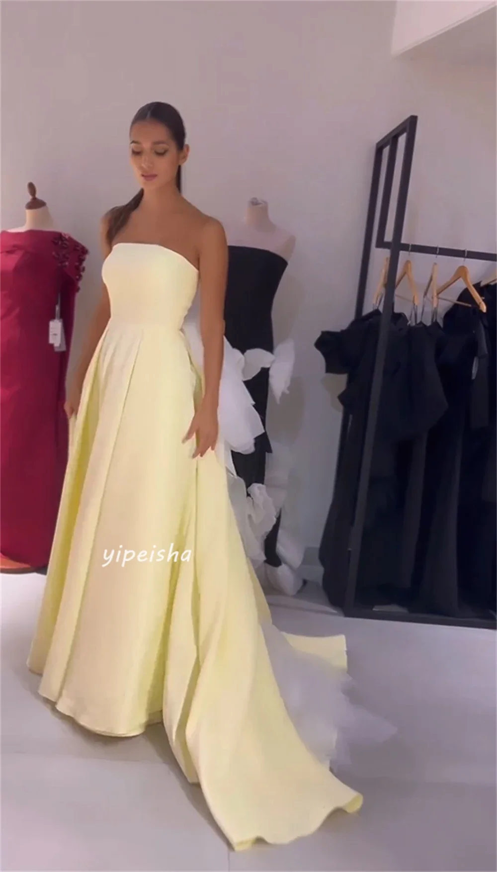 Jersey Flower Ruched Homecoming A-line Strapless Bespoke Occasion Gown Long Dresses