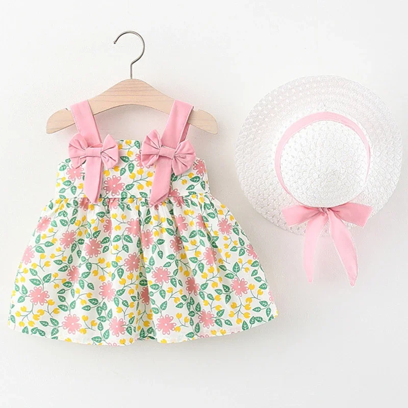 2Piece Sets Summer Toddler Girl Clothes Korean Flowers Cute Bow Sleeveless Beach Infant Princess Dress+Hat Baby Dresses BC179