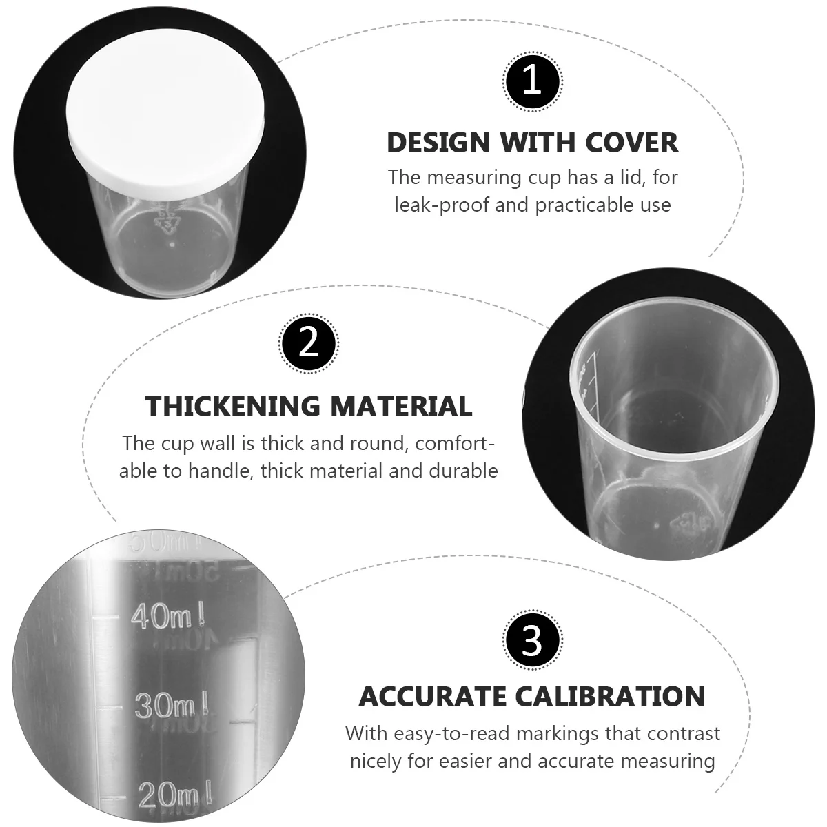 

50Pcs Measuring Cup Plastic Transparent Leak-Proof Lid Kitchen Laboratory Sample Collection Easy-Read Scale Lines Durable