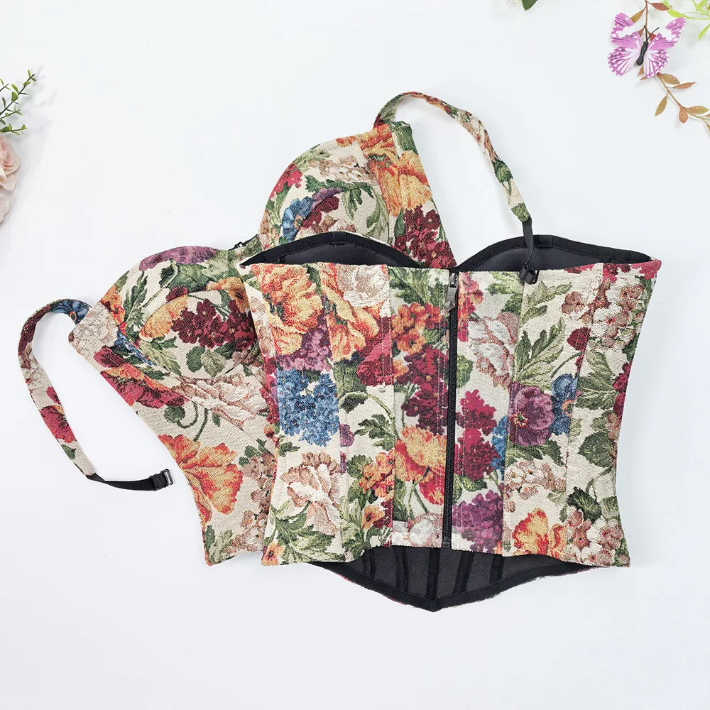 Women's Removable Strap Padded Bustier Corset Floral Printing Design Push-Up Bra for Outerwear Retro Underwear with Underwire