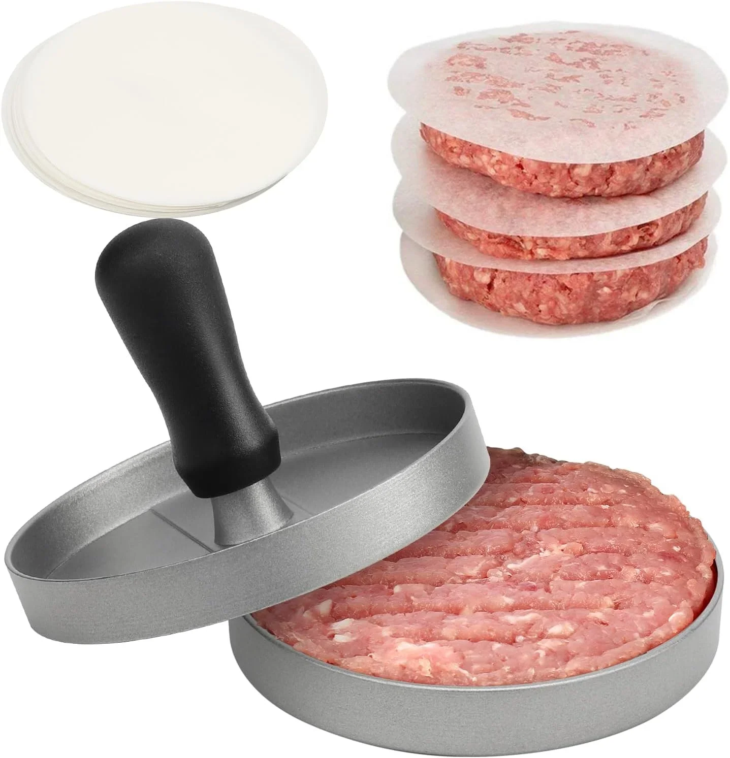 Burger Press Non-Stick Hamburger Patty Maker with Wax Paper Aluminum Burger Maker for Kitchen BBQ Grill Oil Absorbing Paper