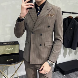 Slim Fit Double-breasted Striped Suit Vest Trousers 3-Piece Set Korean Fashion M-7XL Men's Fashionable Striped Three-piece Suit