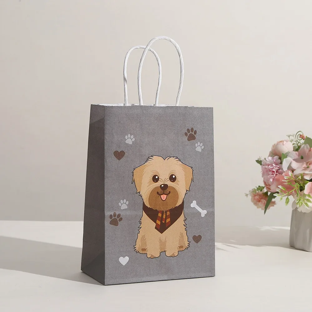 12pcs Cartoon Cute Dog Animal Gift Bag Puppy Kraft Paper Bag Handle Kids Boy Baby Shower Birthday Party Package Supplies