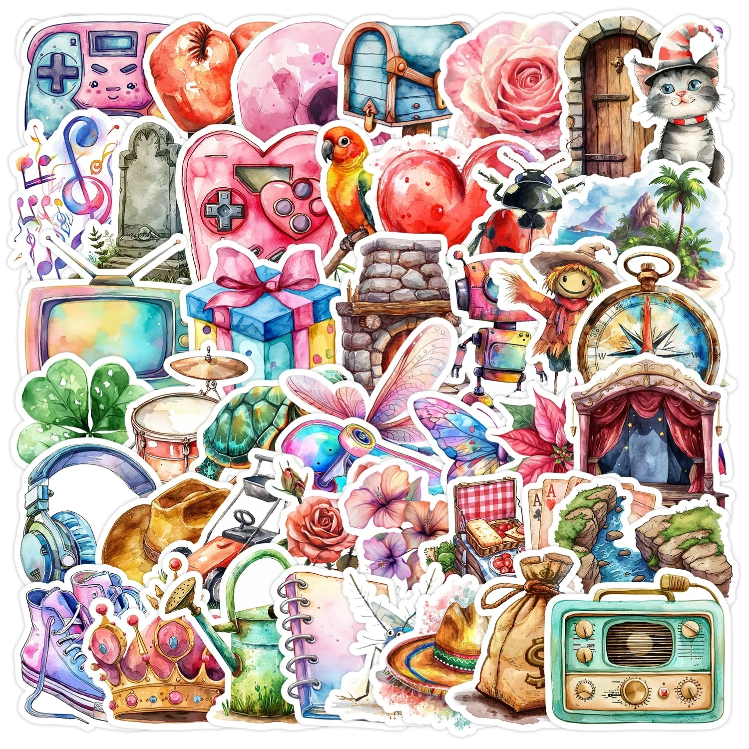 50 Pcs Watercolor Clip Art Graffiti Stickers Waterproof Vinyl Decals for Water Bottle Phone Laptop Journal Gift