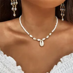 Boho Vintage Shell Pendant Necklace For Women Female Fashion Baroque Geometry Natural Conch White Bead Chain Party Jewely Gift