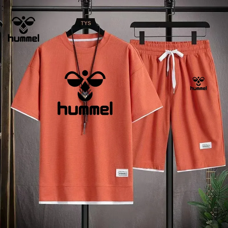 2024 New Summer Luxury Brand HUMMEL Short Sleeve Luxury Sportswear Men\'s Fitness Fashion Casual T-shirt + Shorts 2 Sets