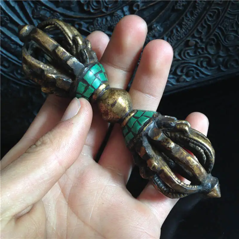 Tibetan Handicrafts Buddhist Vajra Pestle Amulet Weapon Crafts Brass Golden TBC999