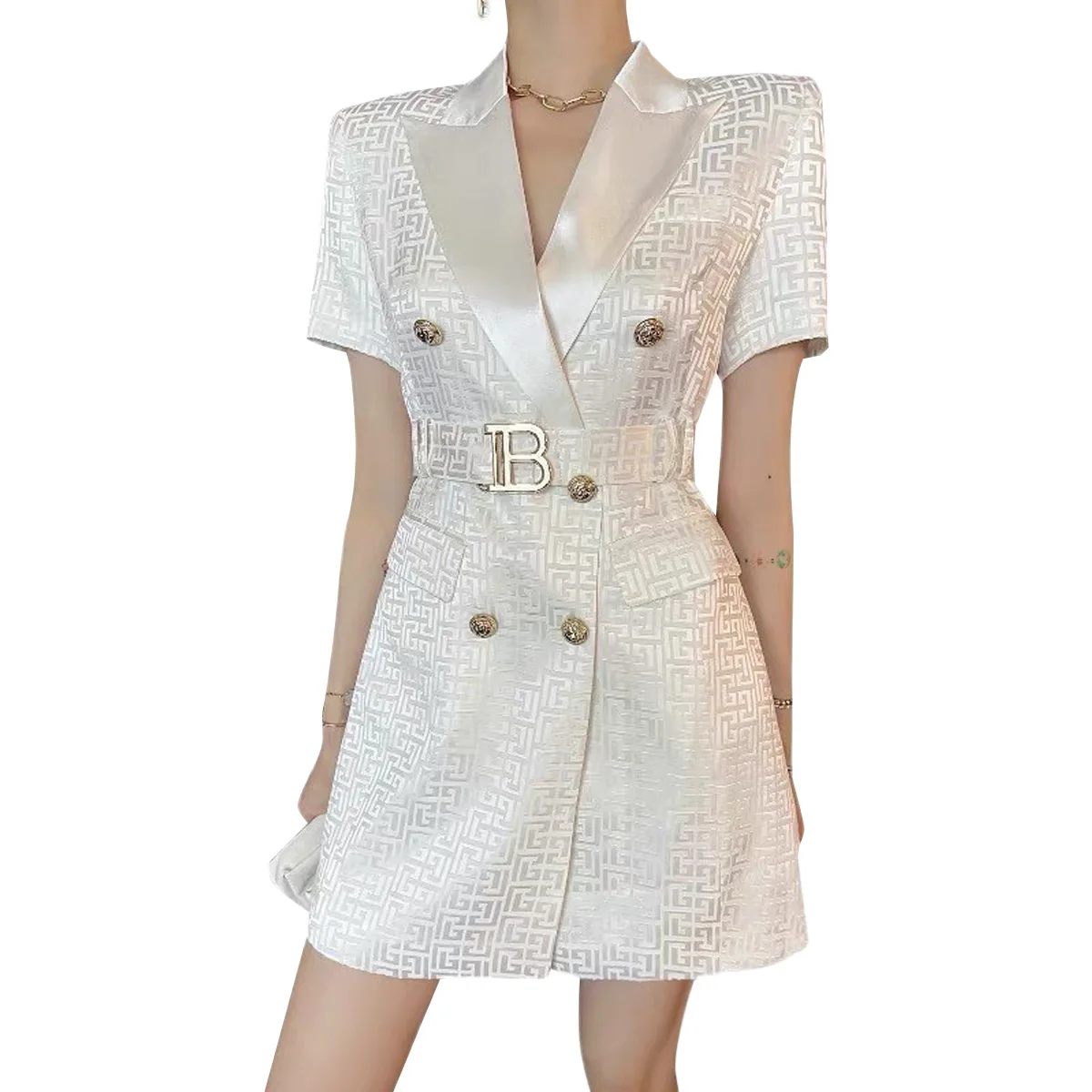 

Summer Workplace Short Sleeved High-end formal Suit Dress for Women, Waistband at Waist, V-neck Mid Length Dress, Maze Pattern