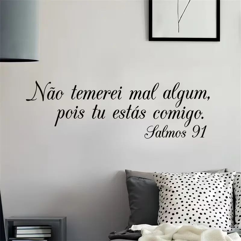 Autocollants muraux en PVC à coller et décoller, thème Psaume 91 portugais – Autocollants de scripture portugaise sur le thème de la foi avec formes irrégulières