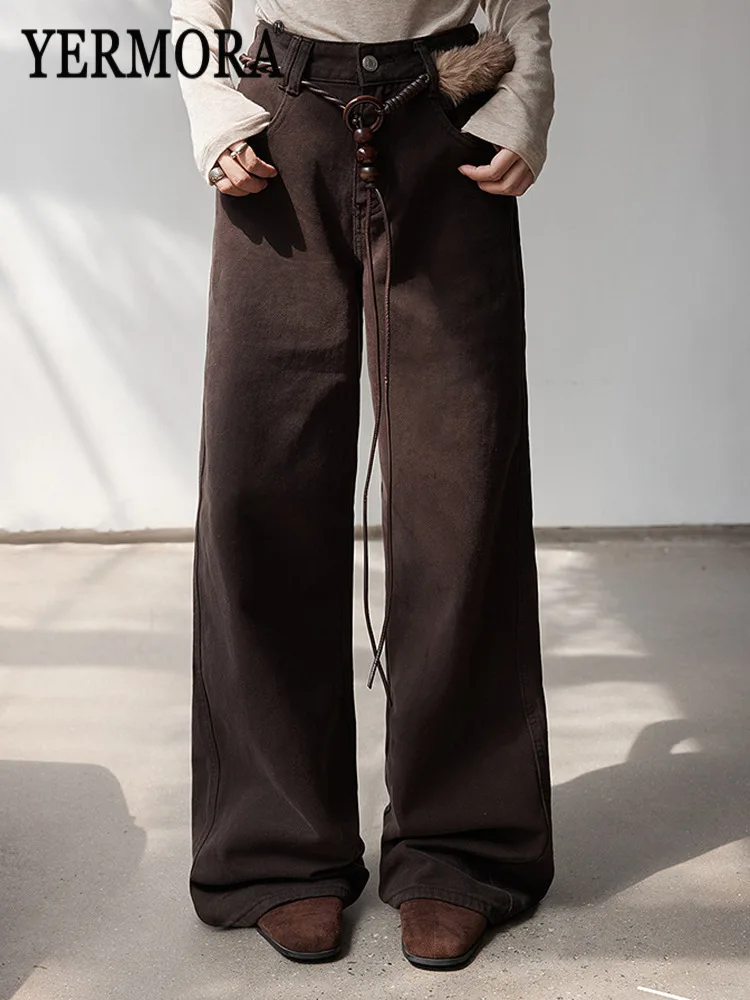 YERMORA High Waist Coffee Belt Pocket Casual Denim Wide Leg Pants For Women Loose New Jeans Fashion Tide Autumn Winter 2025