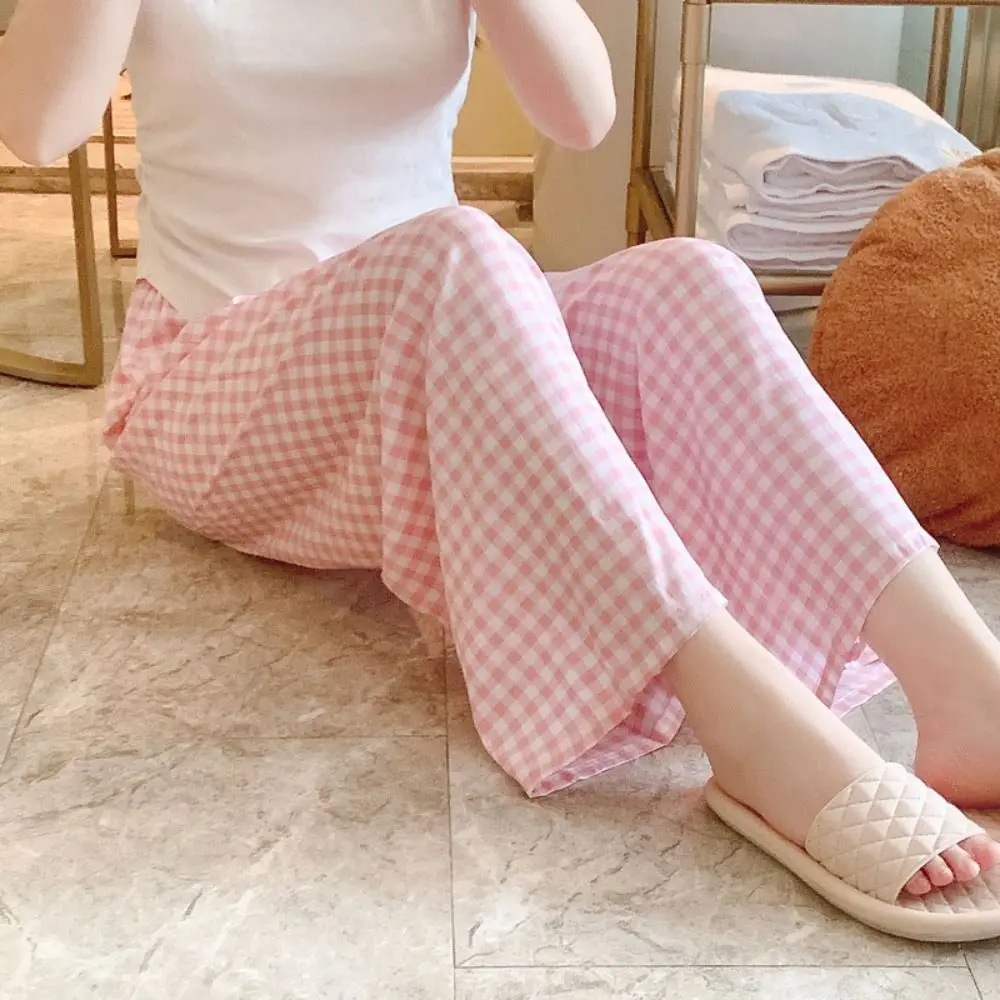 Soft Stripe Casual Pants Women Sweet Baggy Plaid Pajama Pants High Waist Nightwear Wide Leg Home Trousers Spring Autumn