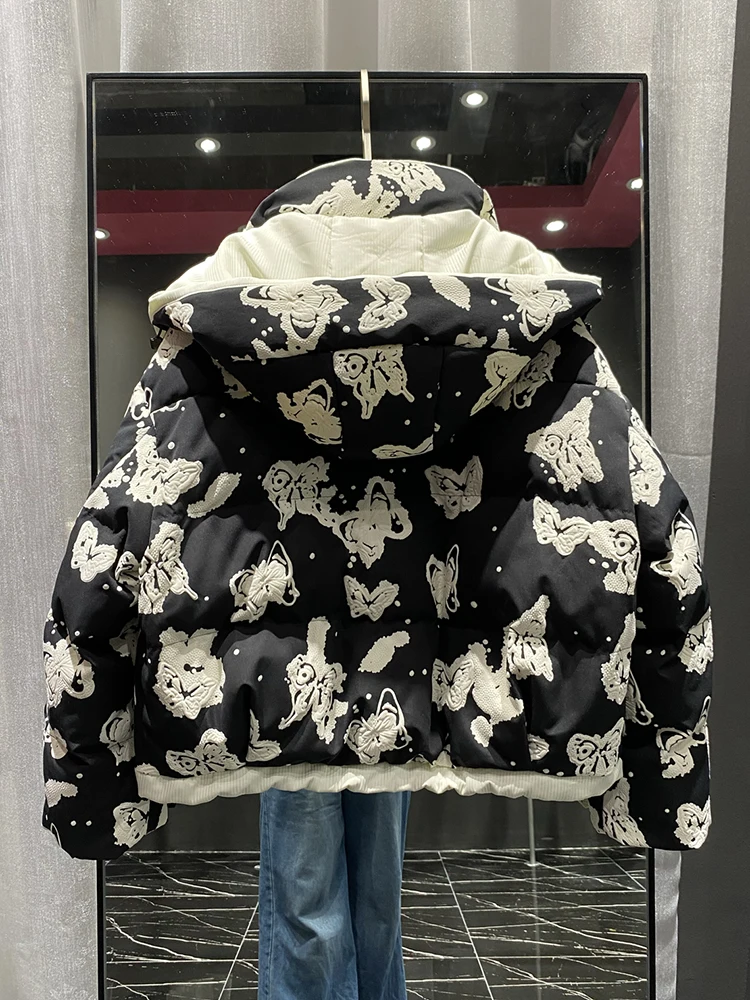 Winter Print Butterfly Hooded Parker Down Jacket Women White Duck Down Patchwork Jackets Coat Female Zipper Warm Thick Outwears