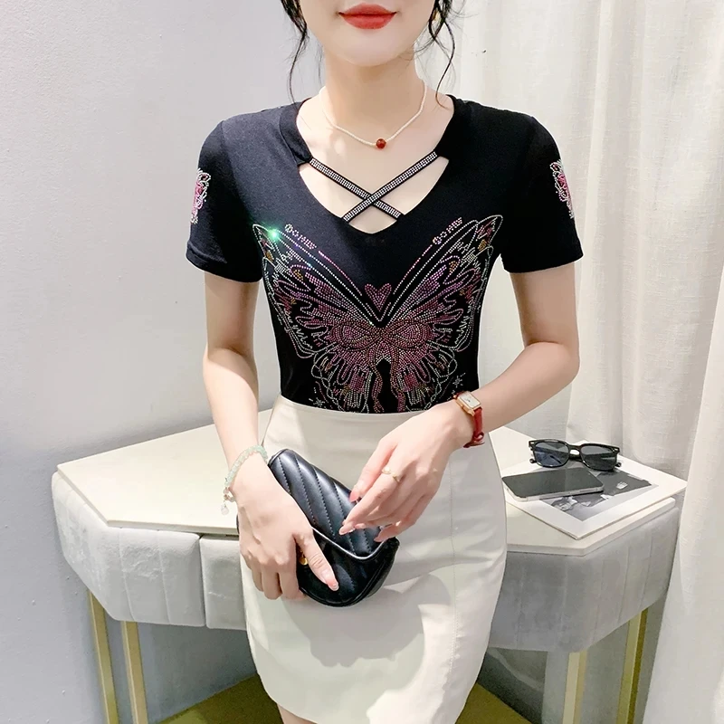 High-end Custom Summer European Ladies Clothes T-Shirt Fashion Shiny Diamonds Women Tops Sexy Hollow Out Embroidery Mesh Tees