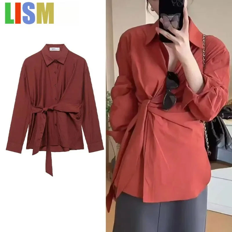 

LISM Women y2k hoodies sweatshirt 2025 Shirt with Sashes Lapel Collar Long Sleeves Female Chic Lady Casual Tops Blouse