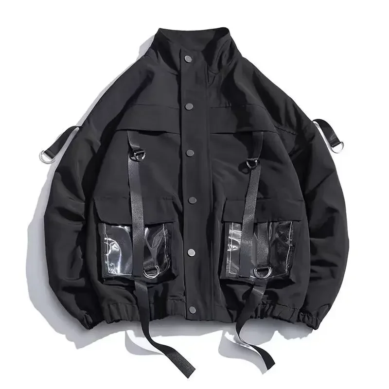 Streetwear Korean Fashion Pockets Baseball Jacket Men Hop Hip Loose Zipper Single Breasted Ribbons Mens Jackets Male Clothes