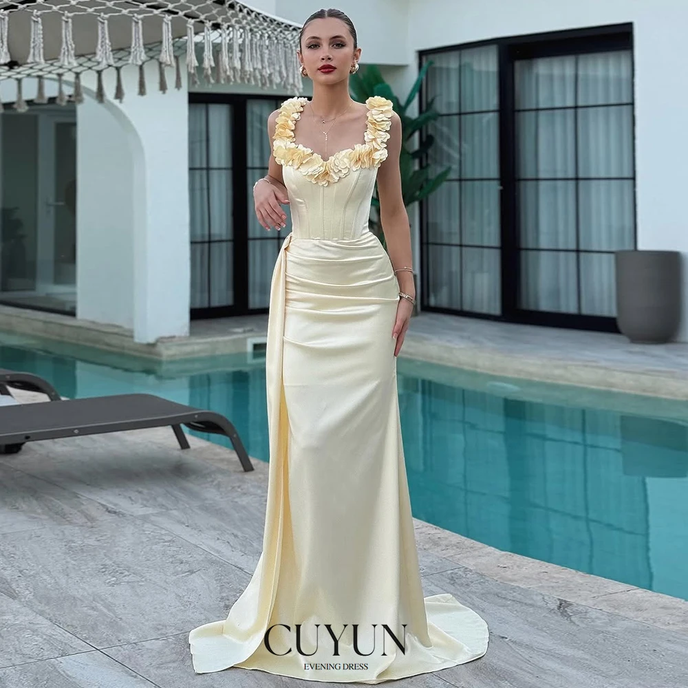 فساتين سهرة نسائية فاخرة من CUYUN بأشرطة على شكل زهور مصنوعة يدويًا فستان حفلات رائع مخصص بطول الأرض ثوب مسائي رسمي