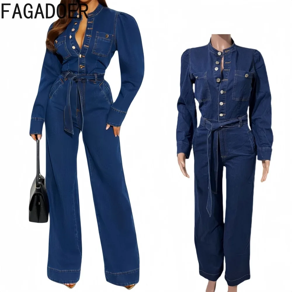 FAGADOER موضة الدنيم المرقعة Bodycon حللا للمرأة بلون طويل الأكمام جيب السروال القصير الإناث الشارع الشهير وزرة #1