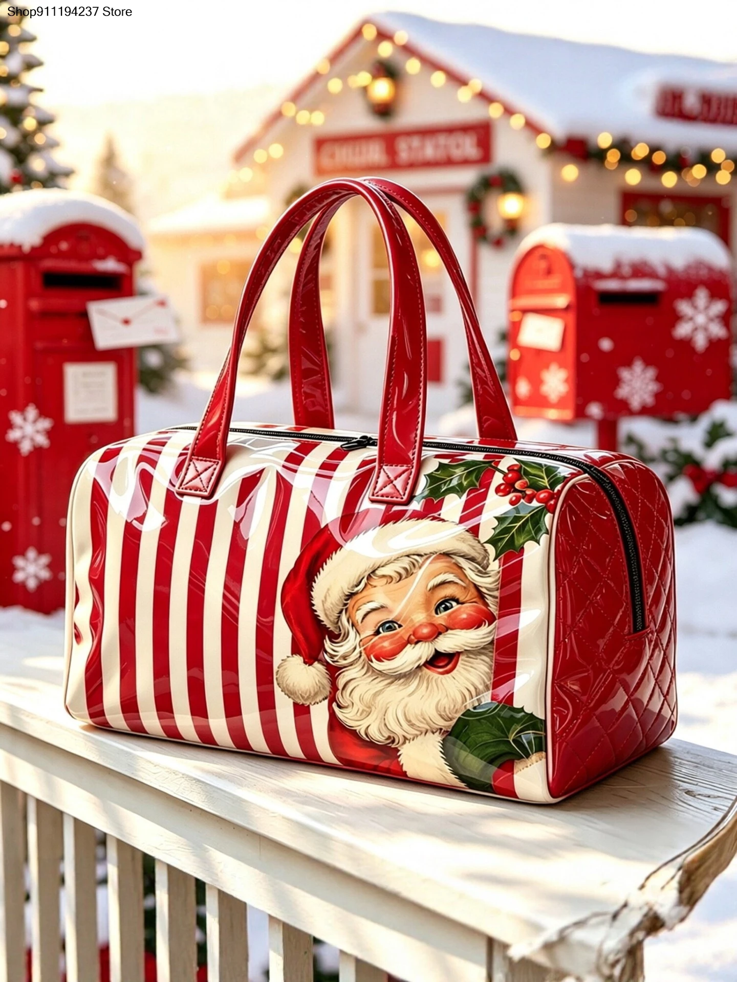 3D Vintage Santa Claus PVC Christmas Tote Bag, Large Capacity Waterproof Bags