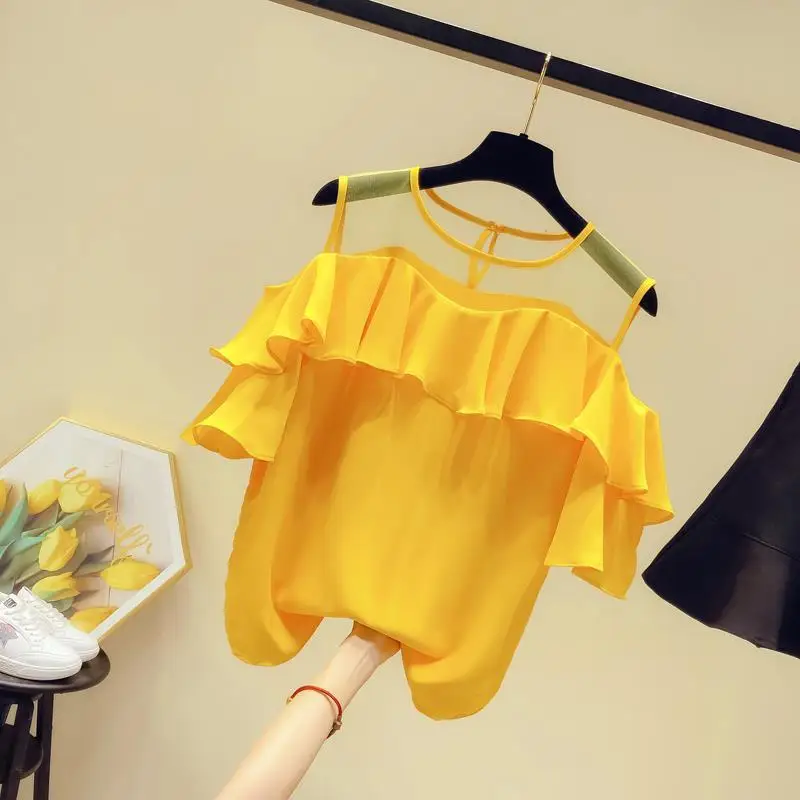 Sexy Off Shoulder Loose Blouse Summer Short Sleeve Hollow Out Pleated Patchwork Office Shirt Tops Fashion Elegant Women Clothing
