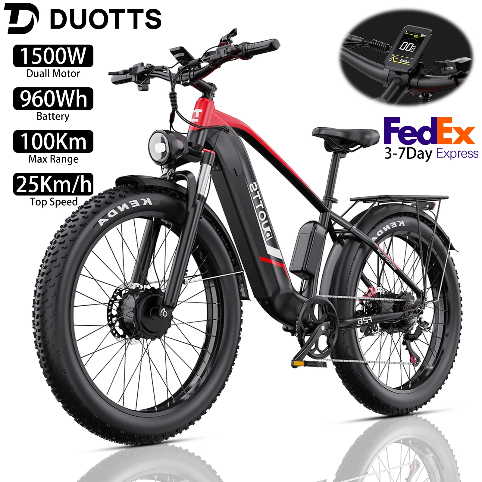 

Электрический велосипед для взрослых DUOTTS F26 26x4,0 дюйма, 1500 Вт, 70 мил, 48 В, 20 Ач, 15 миль в час, 65*2 Нм, компьютерный внедорожный электрический велосипед, новый