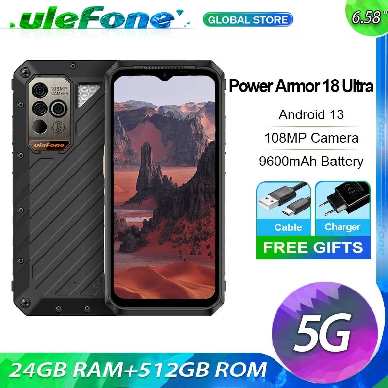 Ulefone Power Armor 18 Ultra 5G,24GB RAM+512GB ROM,Android 13 108MP Camera,9600 mAh,66W,6.58