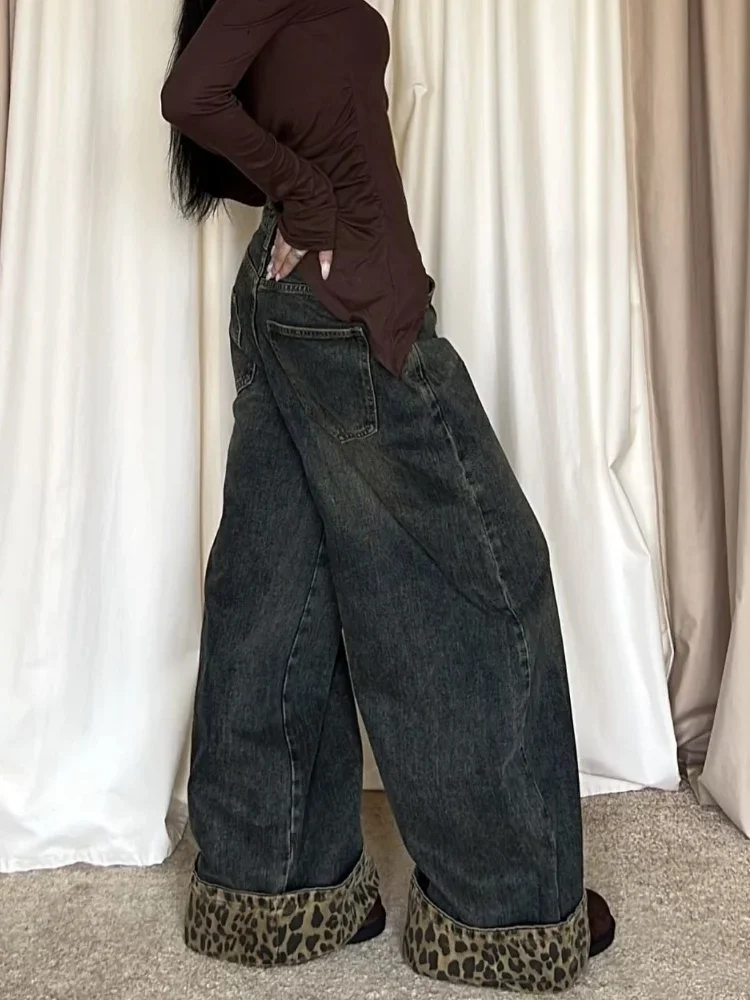 2026 Hosen Y2K Streetwear Leopard Patchwork Baggy Jeans Pants For Women 90S Vintage Clothes Wide Leg Lady Trousers Ropa De Mujer