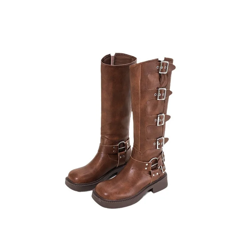 

Women's Long Boots Autumn Retro Brown Western Cowboy Boots High Top Knight Boots