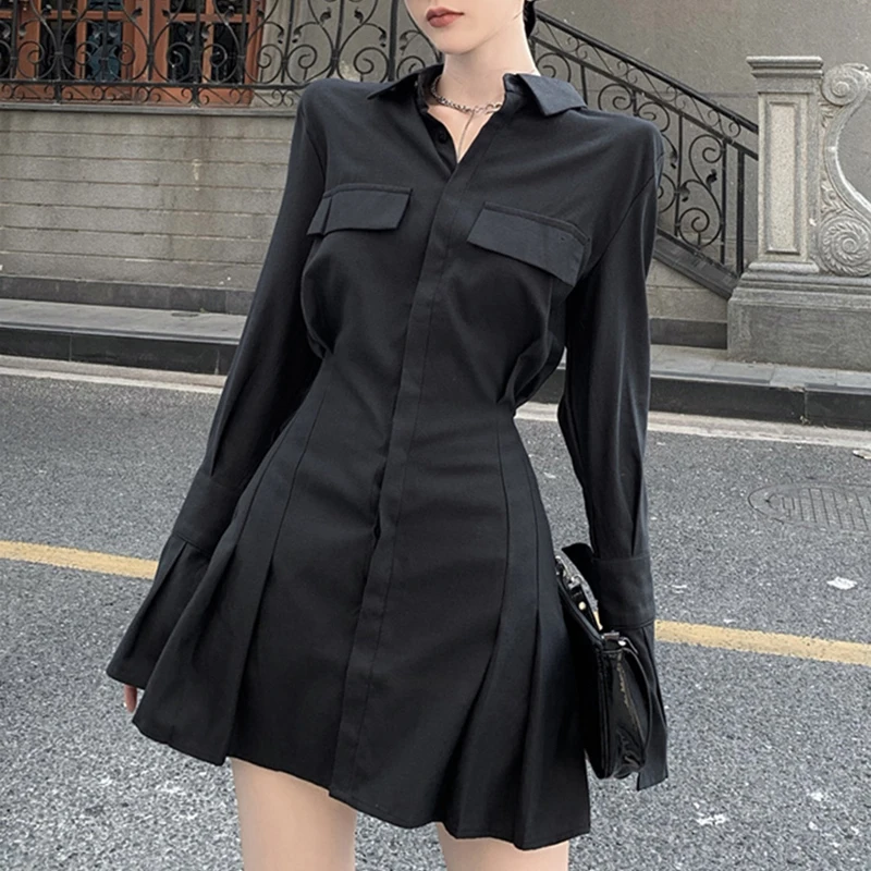 Y2k Black Women Shirts Korean Slim Chic Female Casual Blouse Dress Harajuku Autumn Fashion New Flare Sleeve Ladies Tops