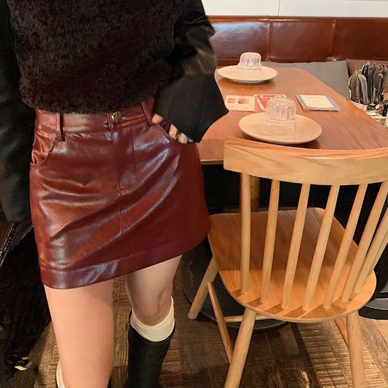 Women 2 Colors Faux Leather Bag Hip Mini Skirts High Waist Autumn Winter Front Pocket Cuffed Hem Slim Bodycon Short PU Skirts