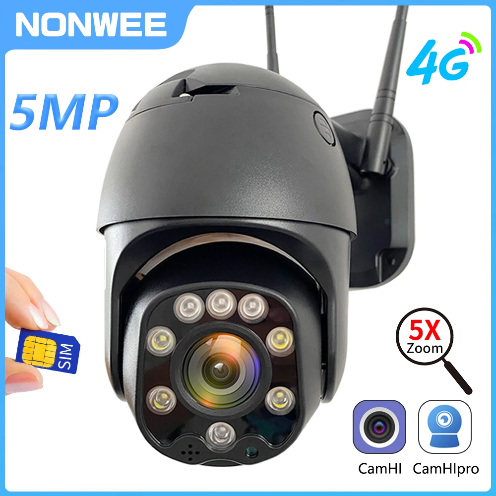 Wireless 4G SIM Card Security Camera 5MP PTZ Auto Tracking Outdoor 1080P HD 5X Optical Zoom Wifi CCTV Surveillance Camera Camhi