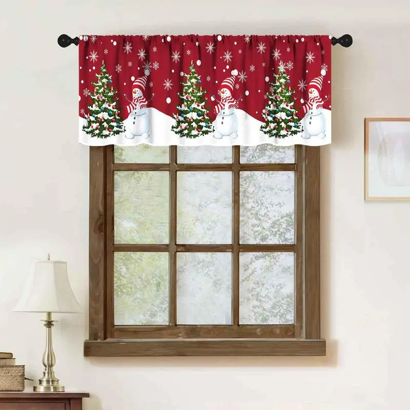 VIKAMA Red Snowman Pine Snowflake Scallop Border Christmas Short Window Curtain Cute Cartoon Classic Winter Home Decor Soft Cozy