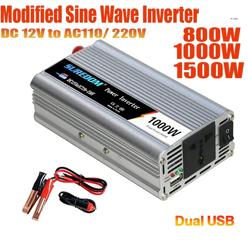 

Modified Sine Wave Power Inverter Dual USB 12V to 220V 110V Car Converter Solar Outdoor Emergency Power Inverter 800/1000/1500W