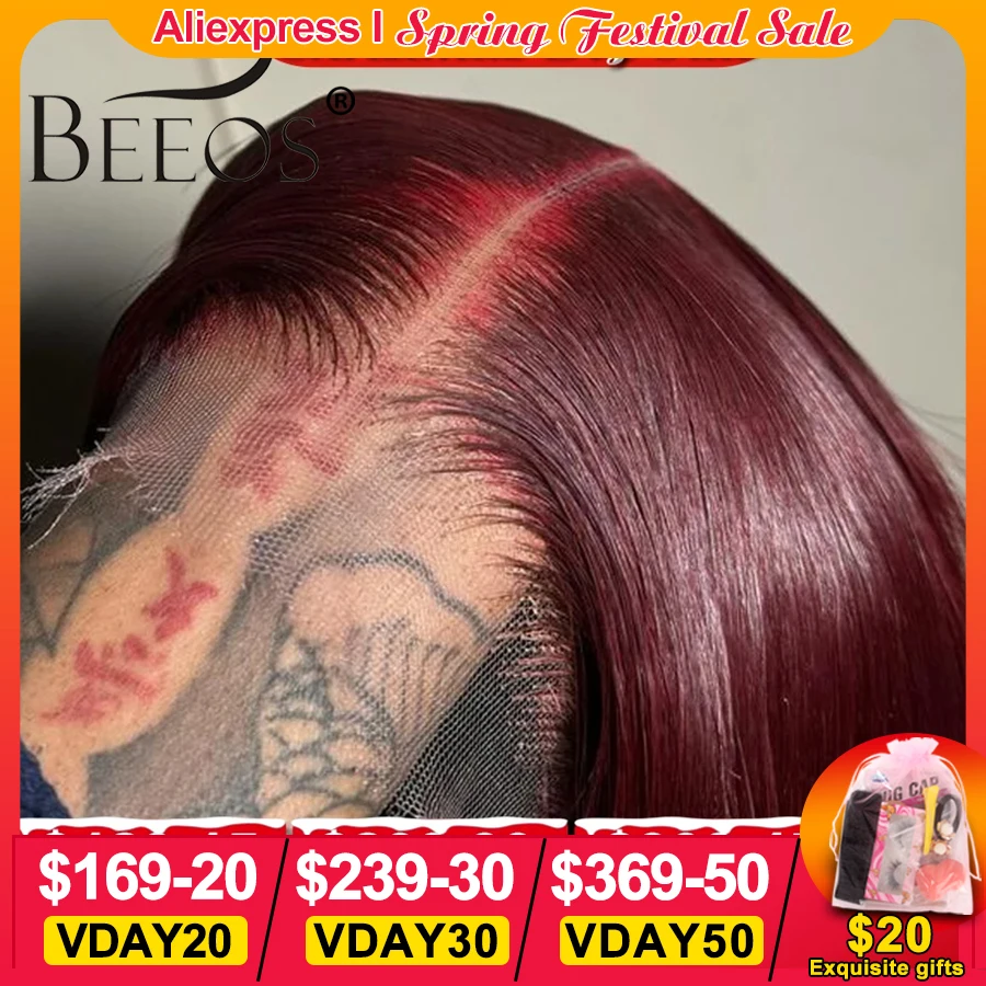 

250% 99j Burgundy 13x6 HD Lace Front Human Hair Wig Bone Straight Red Glueless 13x6 Hd Transparent Lace Front Wig For Woman