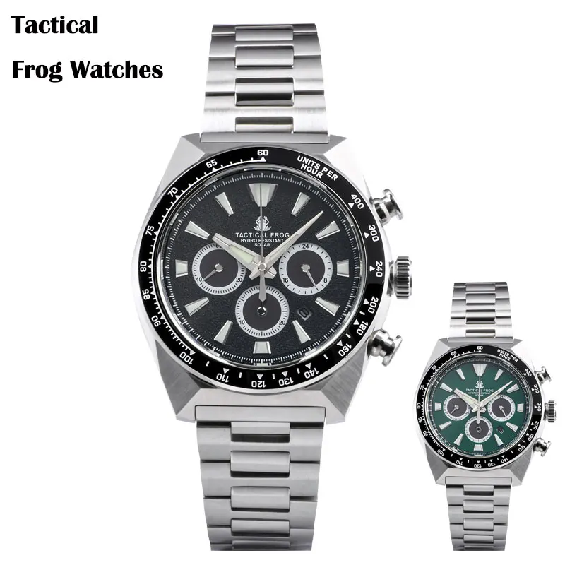 

Tactical Frog 43mm Black Dial Ceramic Bezel Sapphire Glass VS75 Quartz Movement Men's Sporty Chronograph Wristwatch 20Bar Lumed