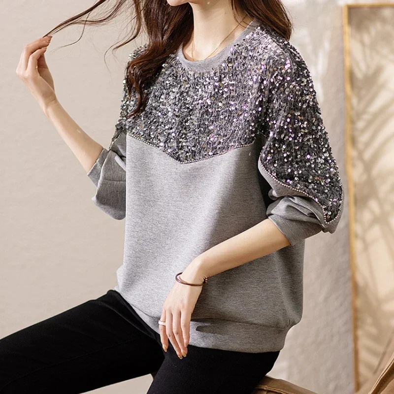 

Women Sequined Spliced Hoodies Sweater Shirts Beaded Pullovers O-Neck Patchwork Sweatshirts Fall Winter Jumpers Long-sleeve Tops