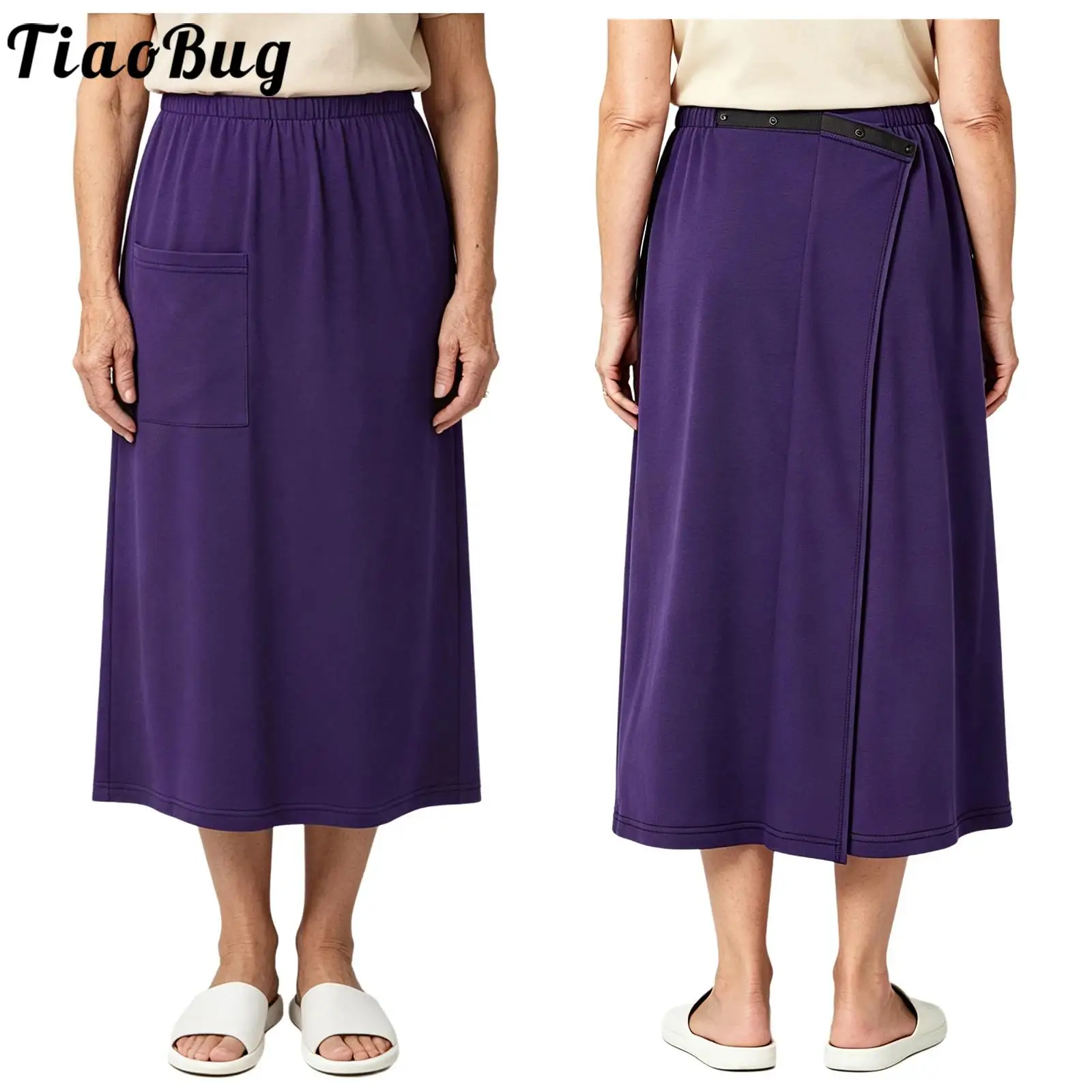 Women Casual Loose Adaptive Maxi Skirts Adjustable Press Buttons Elastic Waist Wrap Skirt for Surgery Recovery Medical Access