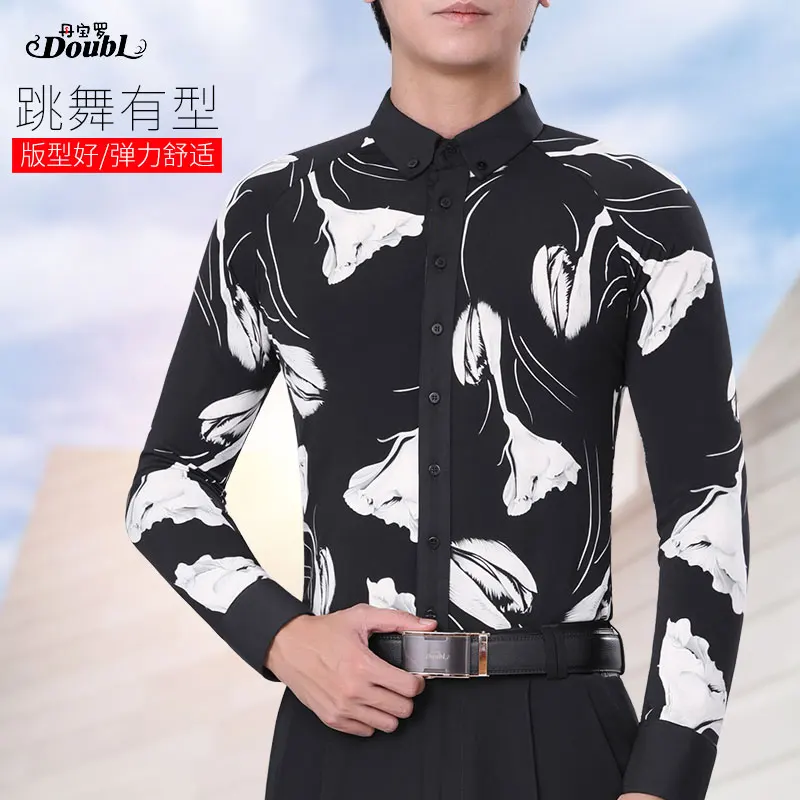 Doubl Men's High-end Moden Top Ballroom Shirt Long Sleeve Waltz Dance Dress Latin Dance Competition top dancewear latest designs