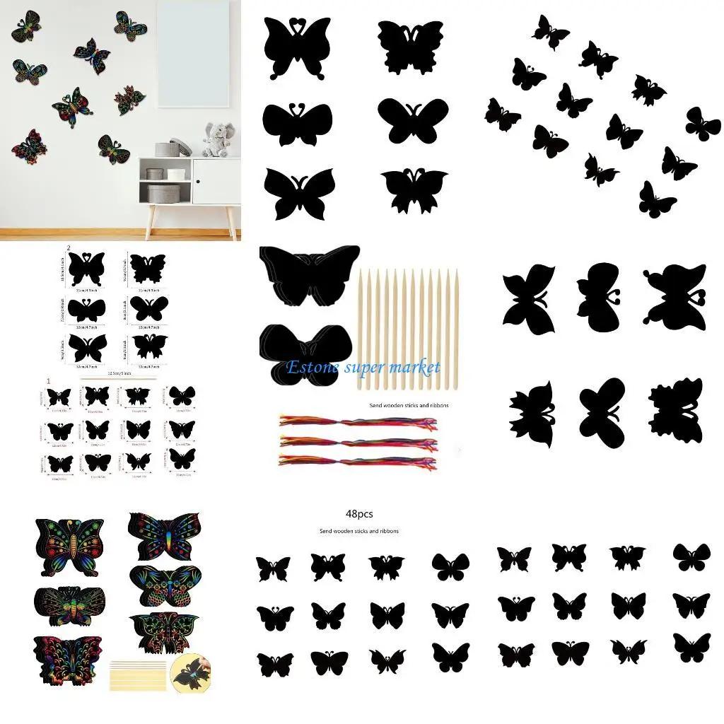 

090B 48pcs Scratching Rainbow Painting Kids Butterfly Scratch Paper Scratch Paintings