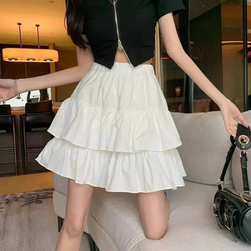 

Hundred Pleats A-line Half Length Skirt Women's Summer New High Waisted Short Dress White Fashion Slimming Cake Mini Skirts